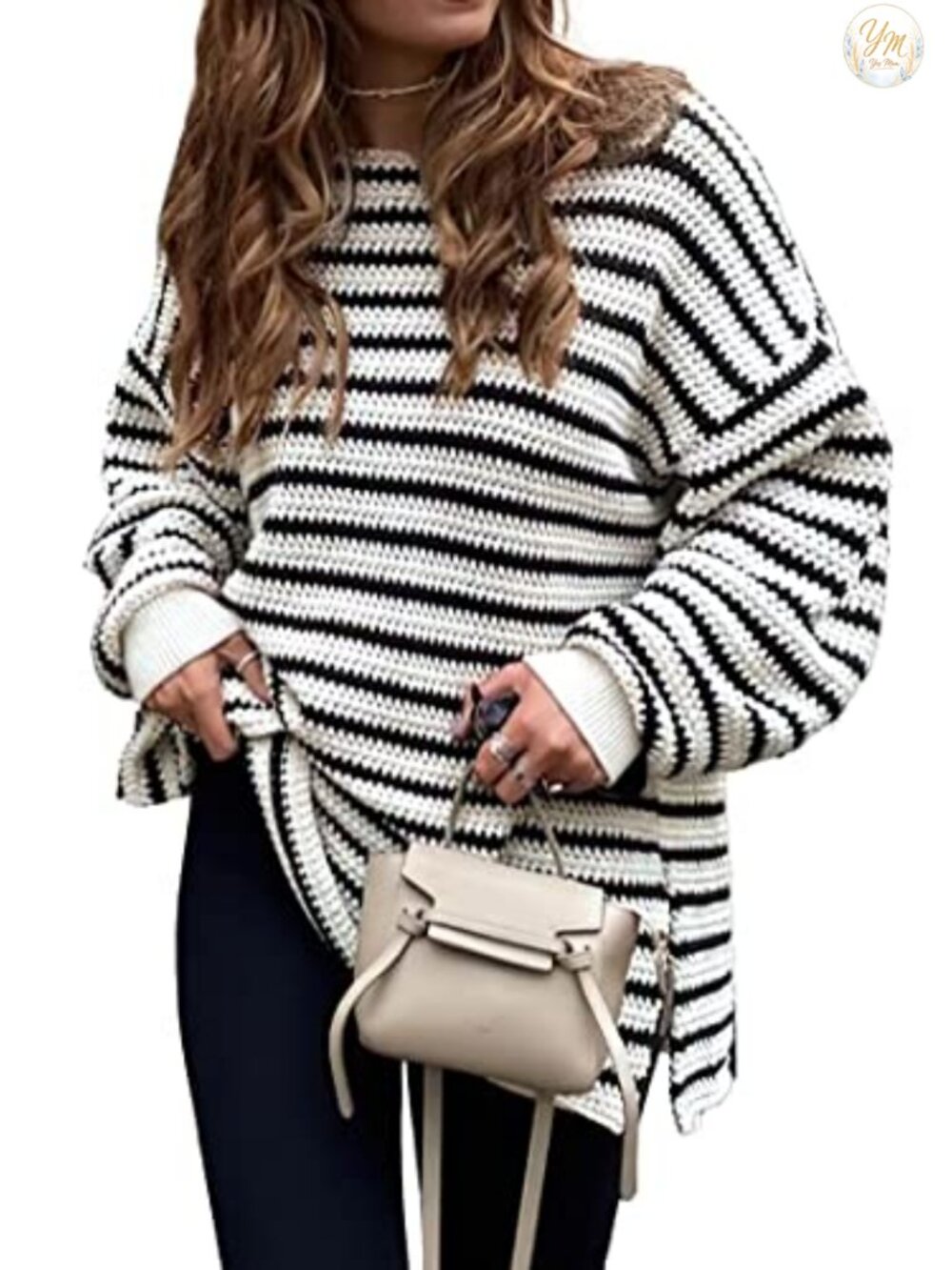Oversized Striped Chunky Knit Crewneck Pullover Sweater Long Sleeve